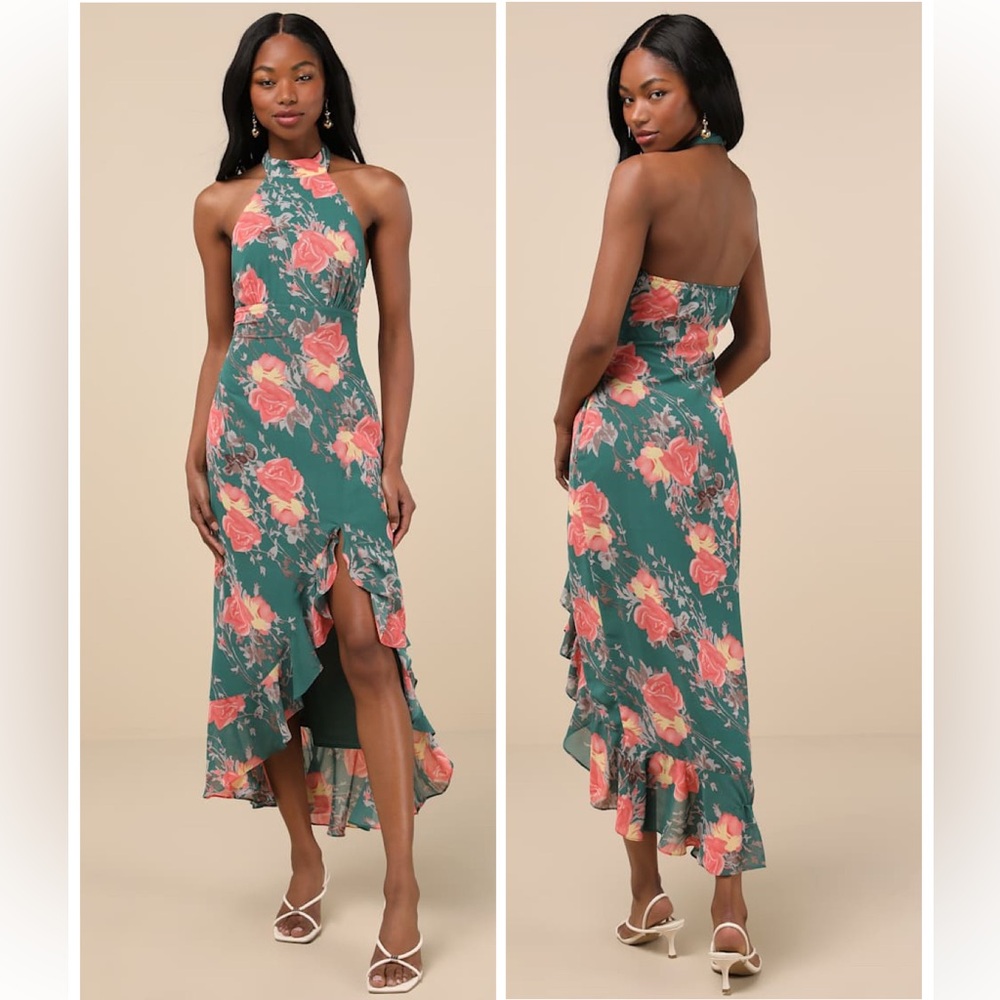 Lulus Elegant Entrance Teal Green Floral Print Halter Maxi Dress Size Medium